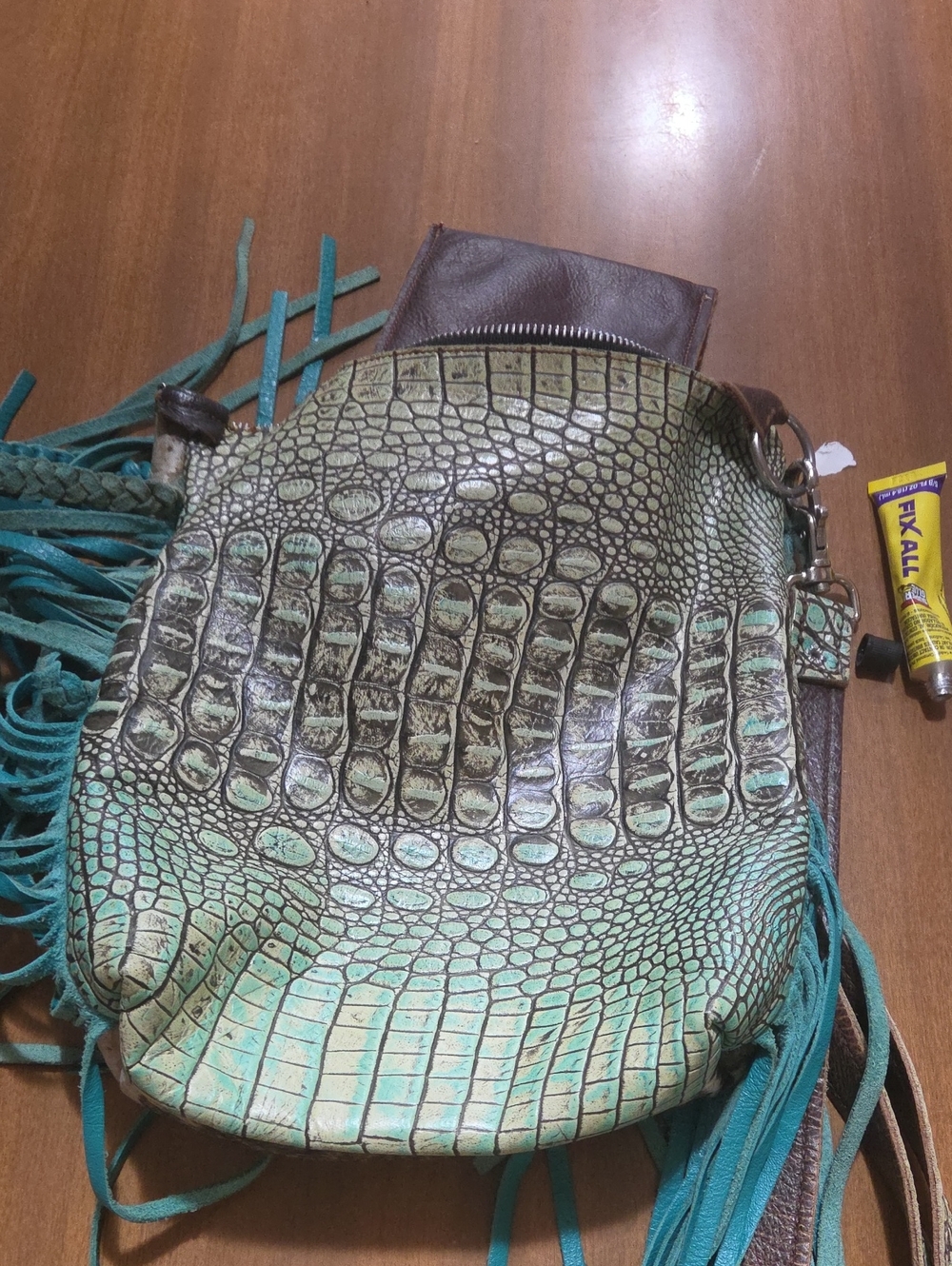 Women's Teal and Brown Croc-Embossed Fringe Shoulder Bag